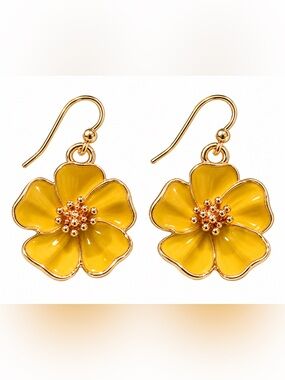 Mustard Yellow Enamel Flower Gold Tone Dangle Earrings